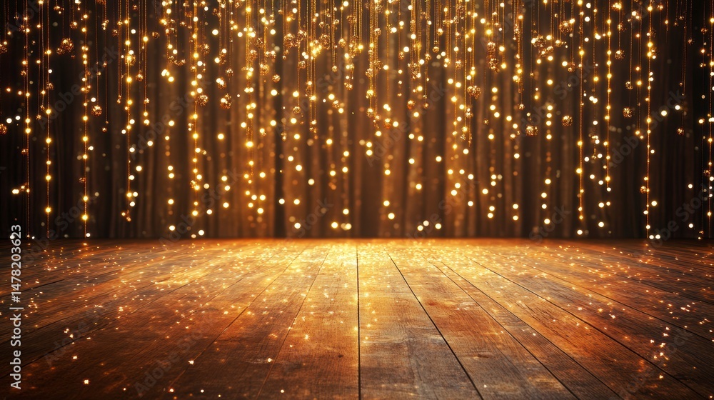 Poster glowing lights illuminate a dark wooden stage, creating a festive backdrop.