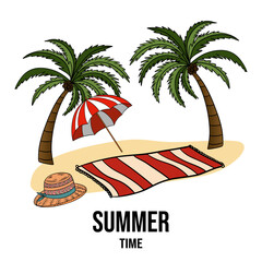 Summer beach paradise landscape with palms beach towel, umbrella protection and straw hat. Hand drawn summertime collection for cards, posters, banners