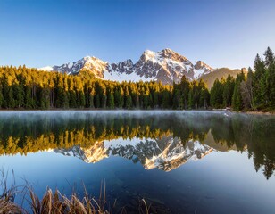 Fototapeta premium Serene lake reflecting snow-capped mountains