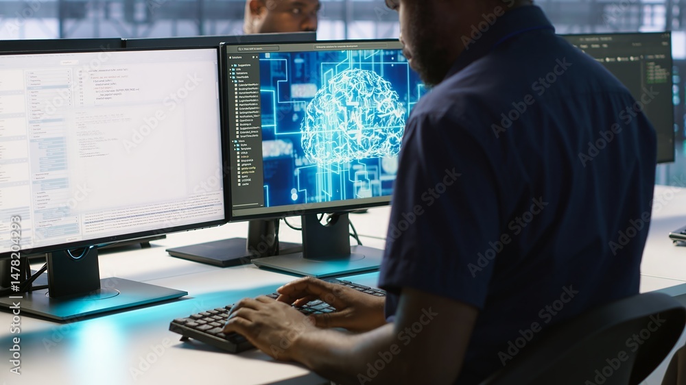 Poster african american worker in data center implements advanced ai driven predictive maintenance systems.