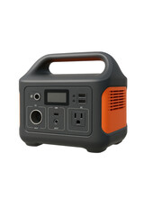 Portable black and orange power station with multiple charging ports and digital display, isolated on white background