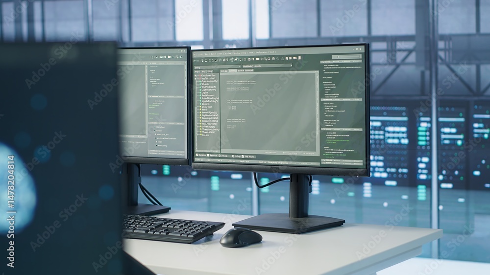 Poster close up of pc displays in server farm using artificial intelligence to analyze raw data, draw infer