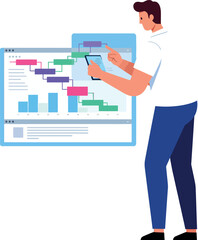 Man working on project management timeline chart with colorful bars and graphs vector illustration 