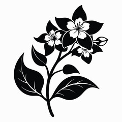 Elegant Black and White Floral Illustration Blossom, Leaves, and Branch Detailed Design