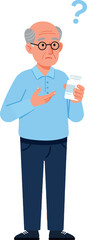 Fototapeta premium Confused elderly man holding prescription medication with question mark vector illustration 