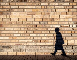 Shadow of a person walking past a textured brick wall