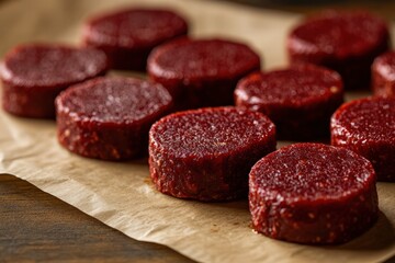 raw ground beef patties resting on a sheet of butcher paper. The patties are freshly formed, showing a rich red color