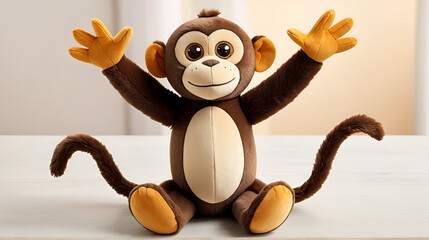 Delightful and adorable, this brown monkey toy perches proudly with arms outstretched, its expressive big eyes and warm