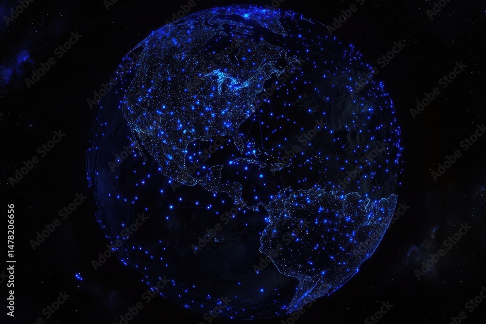 Poster a network of blue dots connecting to each other on the earth, representing global communication and 