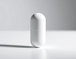 Single white medicine capsule on a minimalist white surface with soft shadows. Perfect for pharmaceutical branding, packaging, or editorial use.
