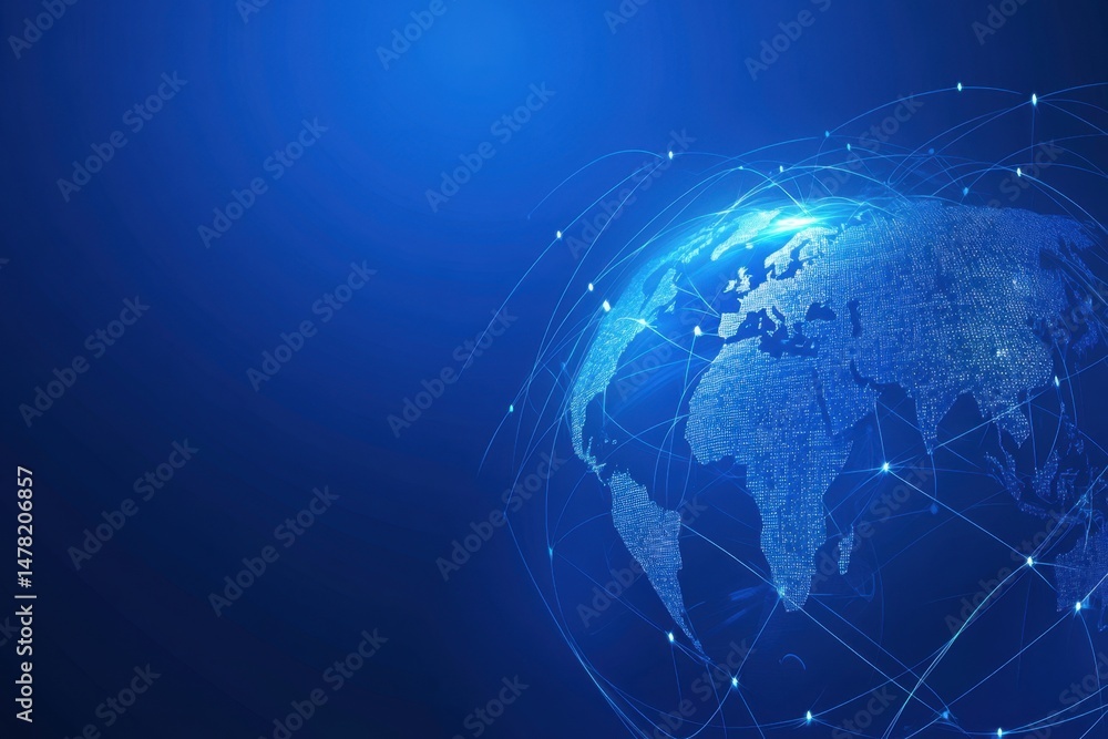 Poster a dark blue background with the earth's surface in focus, surrounded by lines connecting different p