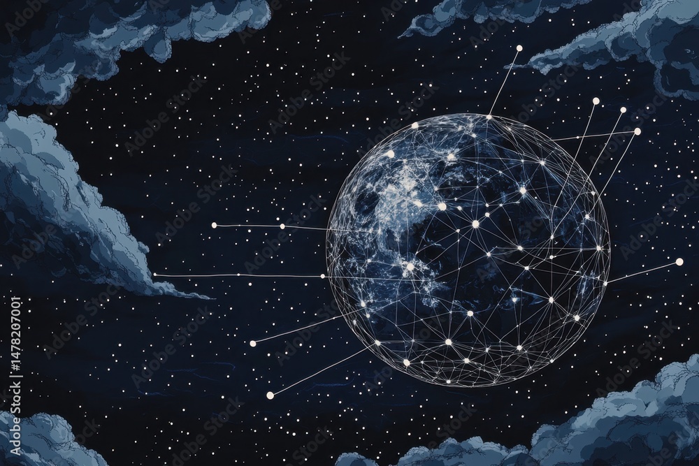 Poster the earth with storm clouds on one side and a network grid connecting from that to another part of t