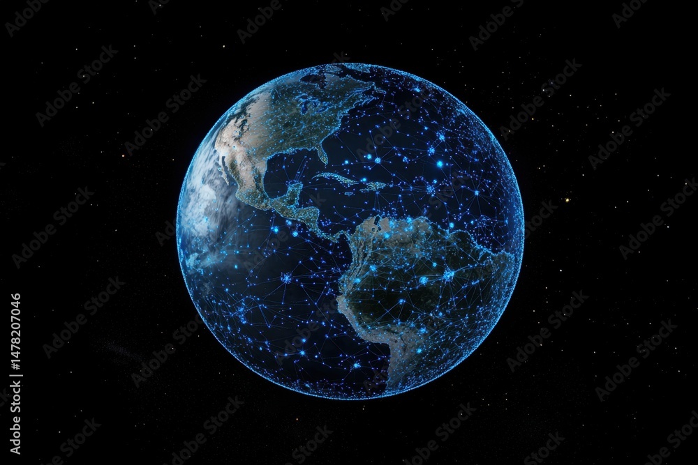 Aufkleber the earth with blue dots representing weather symbols connected by thin lines on a dark background t