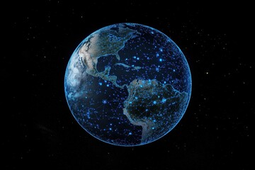the Earth with blue dots representing weather symbols connected by thin lines on a dark background The Earth is seen from space and has some clouds on its surface, showing people's lives Generative AI