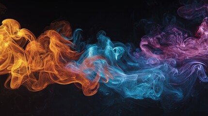 Obraz premium Colorful abstract smoke swirls moving dynamically in the dark with dramatic lighting, vibrant curves and artistic flowing shapes on black background for creative and mystical visual concepts. 