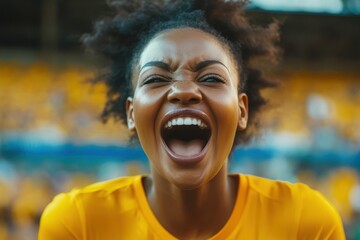 Energized Black Woman Cheering in Stadium, Celebrating Team Success with Passionate Enthusiasm