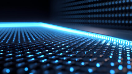 Obraz premium Abstract metallic woven network with glowing blue particles. [Neon Folklore] | Lightwoven Fable | woven beam. Illustration