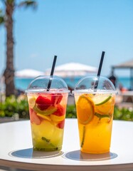 Two refreshing takeaway summer drinks placed on an outdoor table, with a seaside restaurant setting in the background
