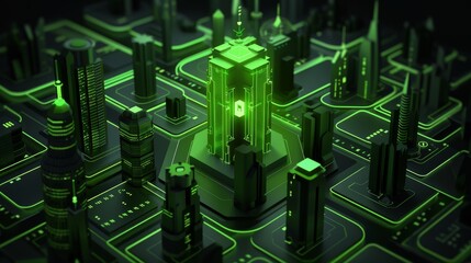 Fototapeta premium cyber security concept shield protecting digital city isometric D design neon green and black tones .
