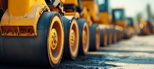 A fleet of drum rollers lined up at a construction equipment rental yard: defocused background, space on the right.