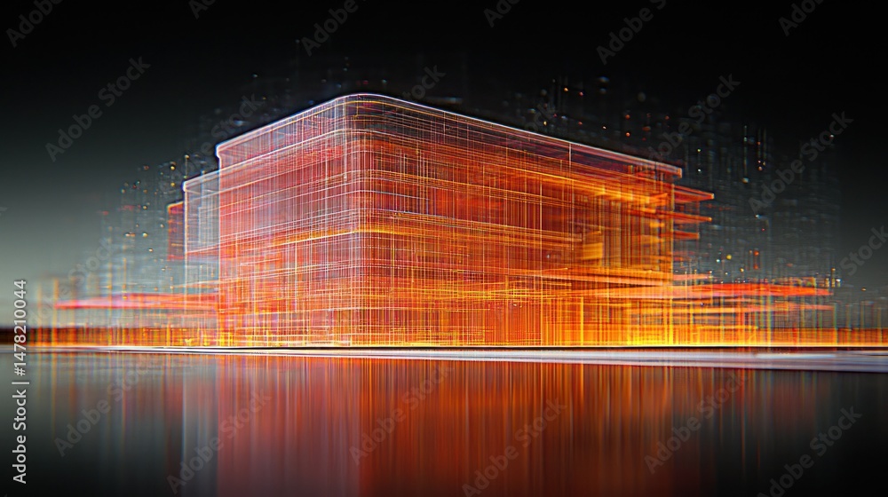 Poster abstract glowing building design with orange lines