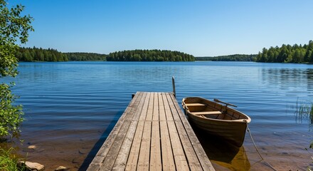 Fototapeta premium Wooden Pier and Boat on Calm Blue Lake Summer Day