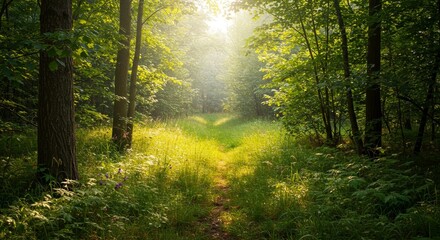 Obraz premium Sunbeams Through Trees in Lush Green Forest Morning