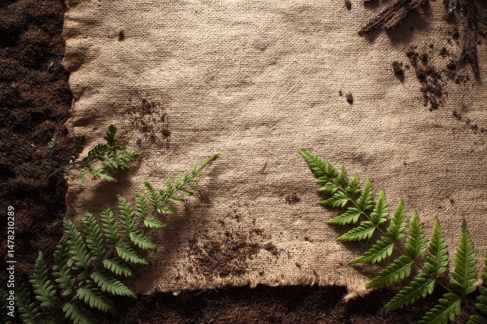 Poster natural backdrop of soil and textiles with ferns.