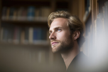 Obraz premium focused portrait of editor in stylish library with books featuring bright covers behind