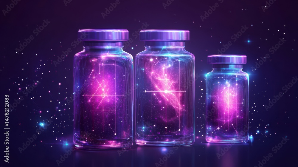 Poster cosmic element jars with nebula background and glittering starry effect