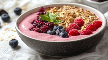 Colorful Smoothie Bowl with Berries and Granola on a Textured Surface