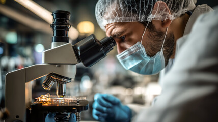Scientist in lab coat using microscope. Close up. Health, science, research, medicine, lab concept. Selective focus. Medical professional.