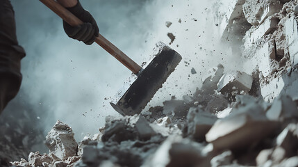 Construction Worker Using Sledgehammer to Break Concrete