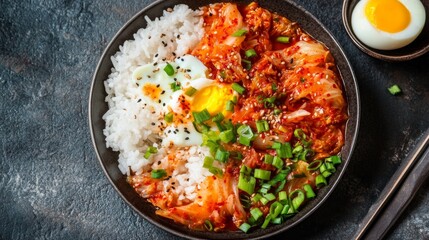 Delicious Bibimbap Bowl with Rice, Kimchi, and Soft Boiled Egg