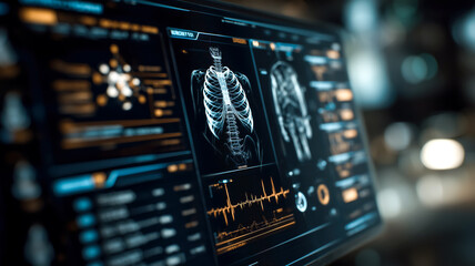 Medical Interface: Display showing diagnostic scan of a torso with skeleton, heart rate, and molecular data. Modern design.