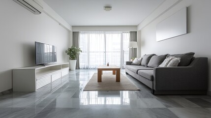 Bright minimalist living room interior with white empty wall, simple modern furniture and soft natural sunlight from large window, perfect for design mockup or background usage

