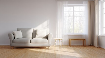 Bright minimalist living room interior with white empty wall, simple modern furniture and soft natural sunlight from large window, perfect for design mockup or background usage

