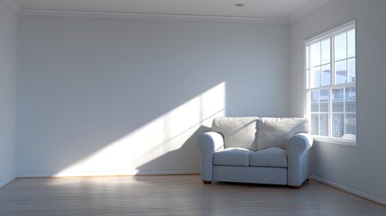 Bright minimalist living room interior with white empty wall, simple modern furniture and soft natural sunlight from large window, perfect for design mockup or background usage

