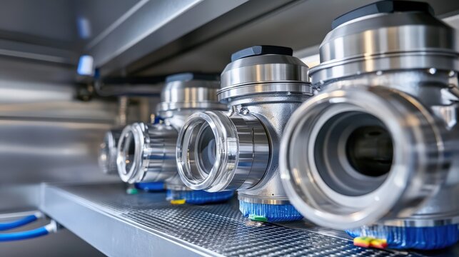 Close up of metal valves on industrial equipment with high quality finish