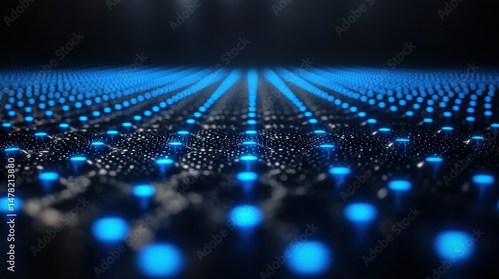 Poster blue light array on dark textured surface, fading into distance