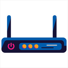 Obraz premium Router with Wi-Fi equipment featuring a power button.Modern IT device with two antennas and glowing indicators. Ideal for technology, internet provider themes, and flat style isolated vector icons.