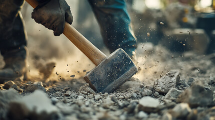 Construction Worker Using a Sledgehammer to Break Concrete