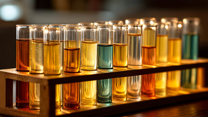 Scientific glassware filled with colorful fluids, possibly for laboratory research or a chemistry experiment. 