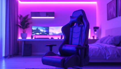 Gaming setup with ergonomic chair, dual monitors, and purple ambient lighting.