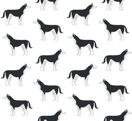 Vector seamless pattern of flat hand drawn husky dog isolated on white background