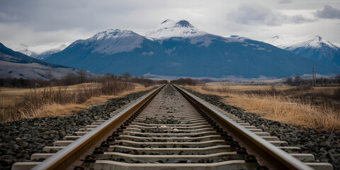 Fototapeta premium Dramatic Railroad Tracks Leading Toward Snow-Capped Mountain Under Moody Sky