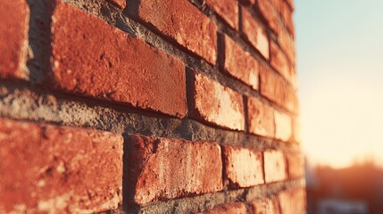 Naklejka premium Close-up of a weathered red brick wall texture with warm vintage tones and directional sunlight highlighting the details of the surface. 