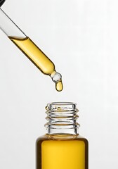 A pipette dispenses a drop of golden serum into a clear glass bottle on white.
