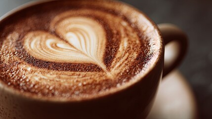 Close-up of a beautifully crafted coffee cup with intricate latte art on a warm brown surface