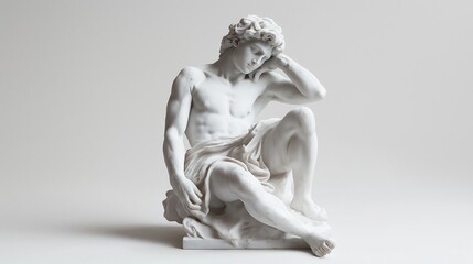Sculpture of a thoughtful young man in a seated position, bathed in light